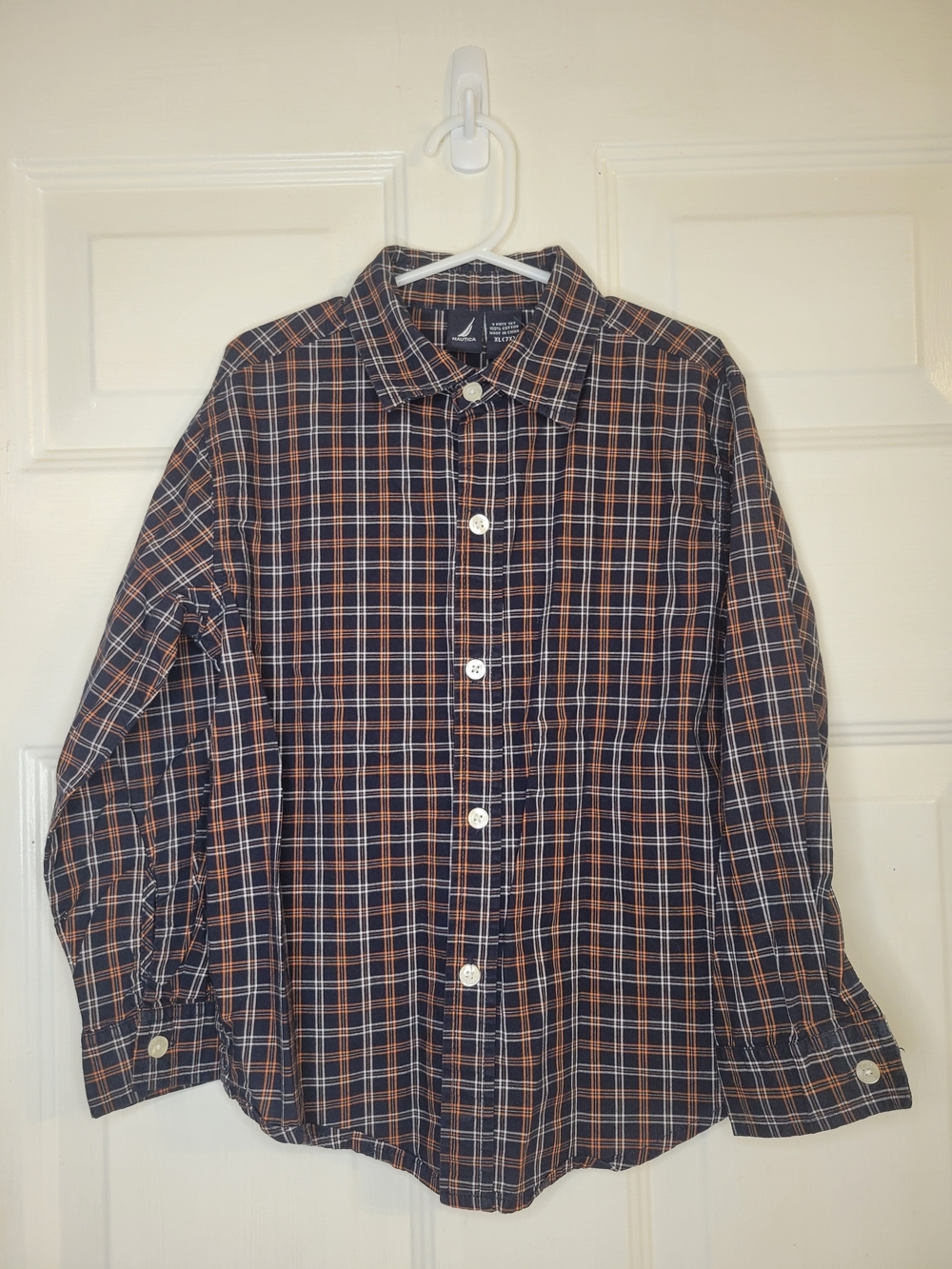 Nautica Navy and Orange Plaid Button-Up Shirt.